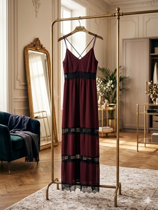 H&M Dresses & Skirts - H&M Whimsigoth Burgundy Lace Maxi Dress Black Trim Fairy Grunge Boho Witchy Goth